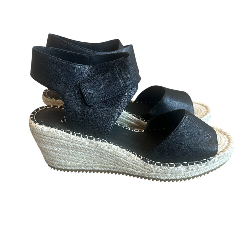Eileen Fisher Weslia Black Wedge Sandals Espadrille Ankle Strap Size 9 Women's